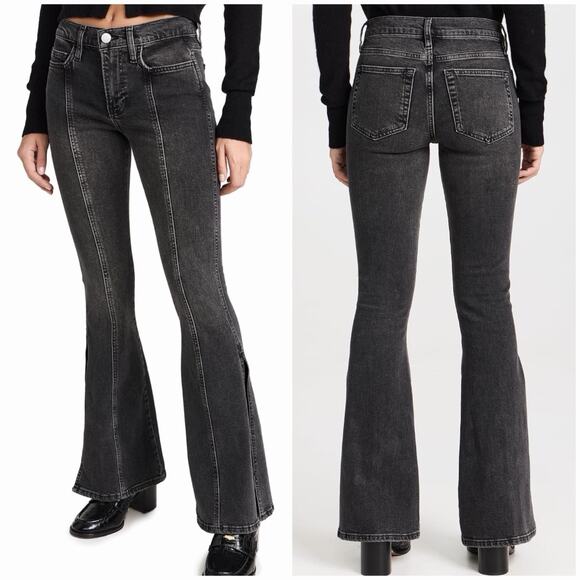 FRAME Denim - FRAME Le High Flare Jeans 24 Obsidian Clean Black Wash Split Hem Stretch